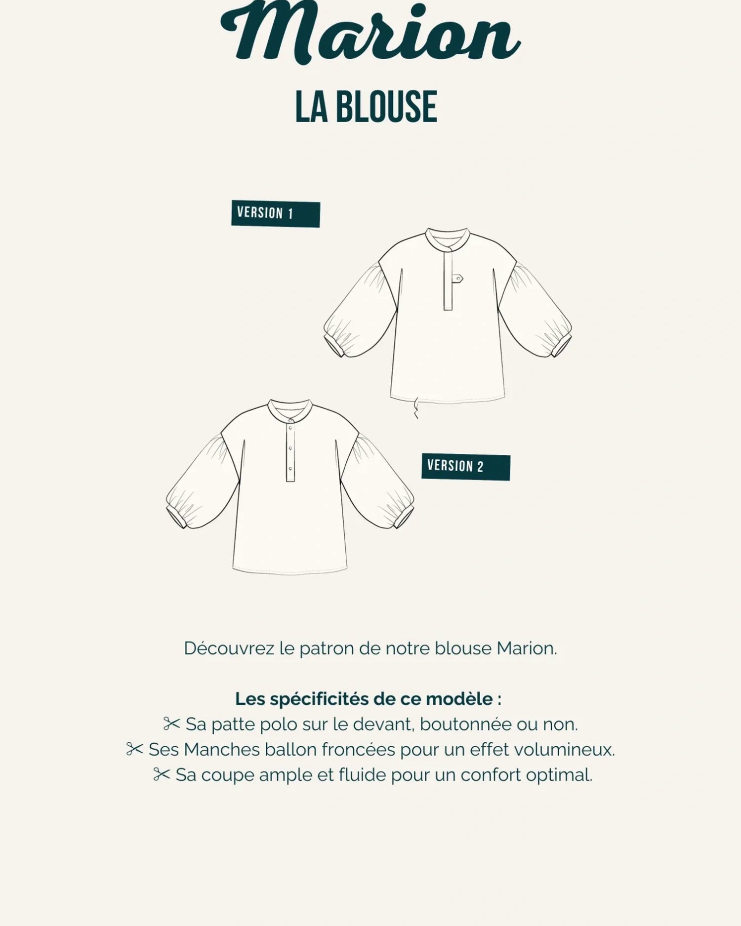 Illustration technique du patron de la blouse Marion, montrant options de fermetures.