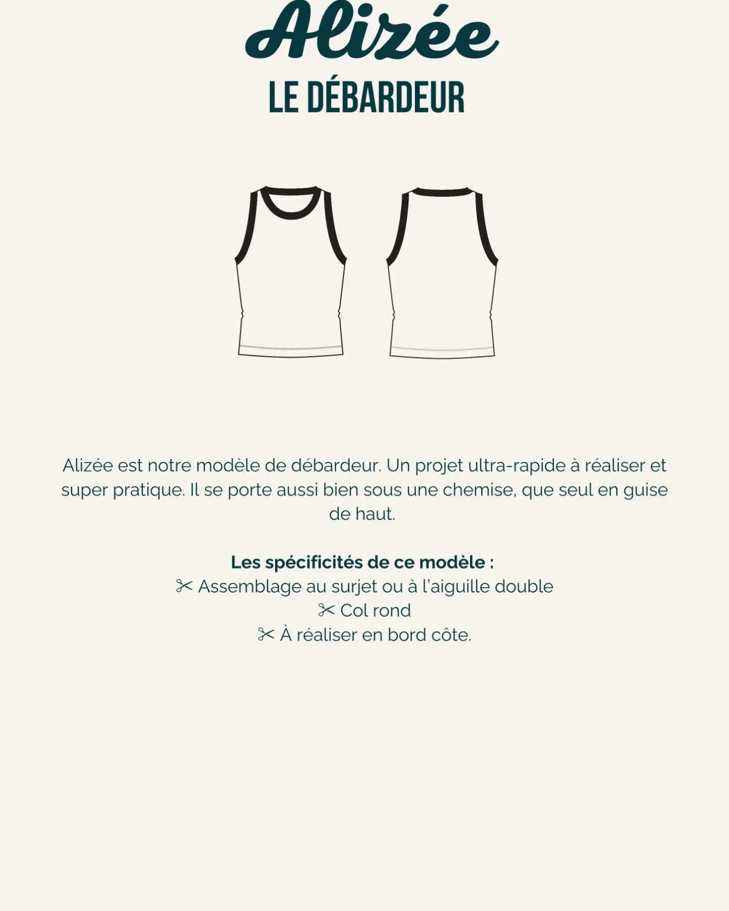 Illustration technique du patron du débardeur Alizée, montrant ses spécificités.