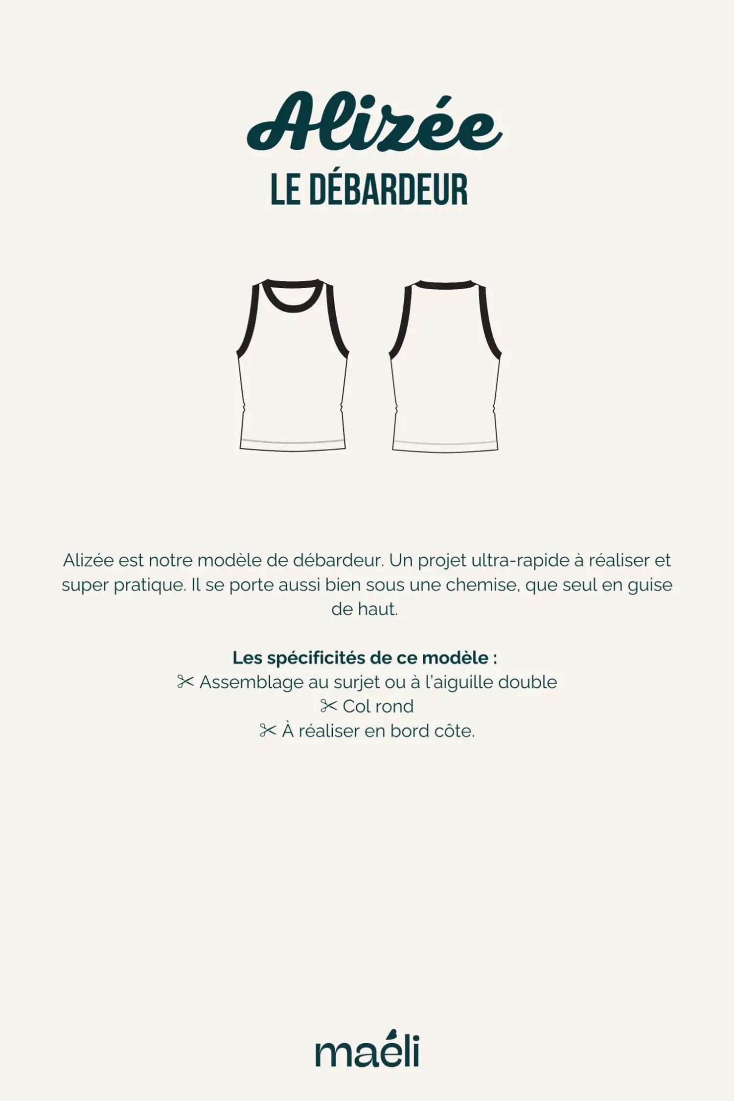 Illustration technique du patron du débardeur Alizée, montrant ses spécificités.