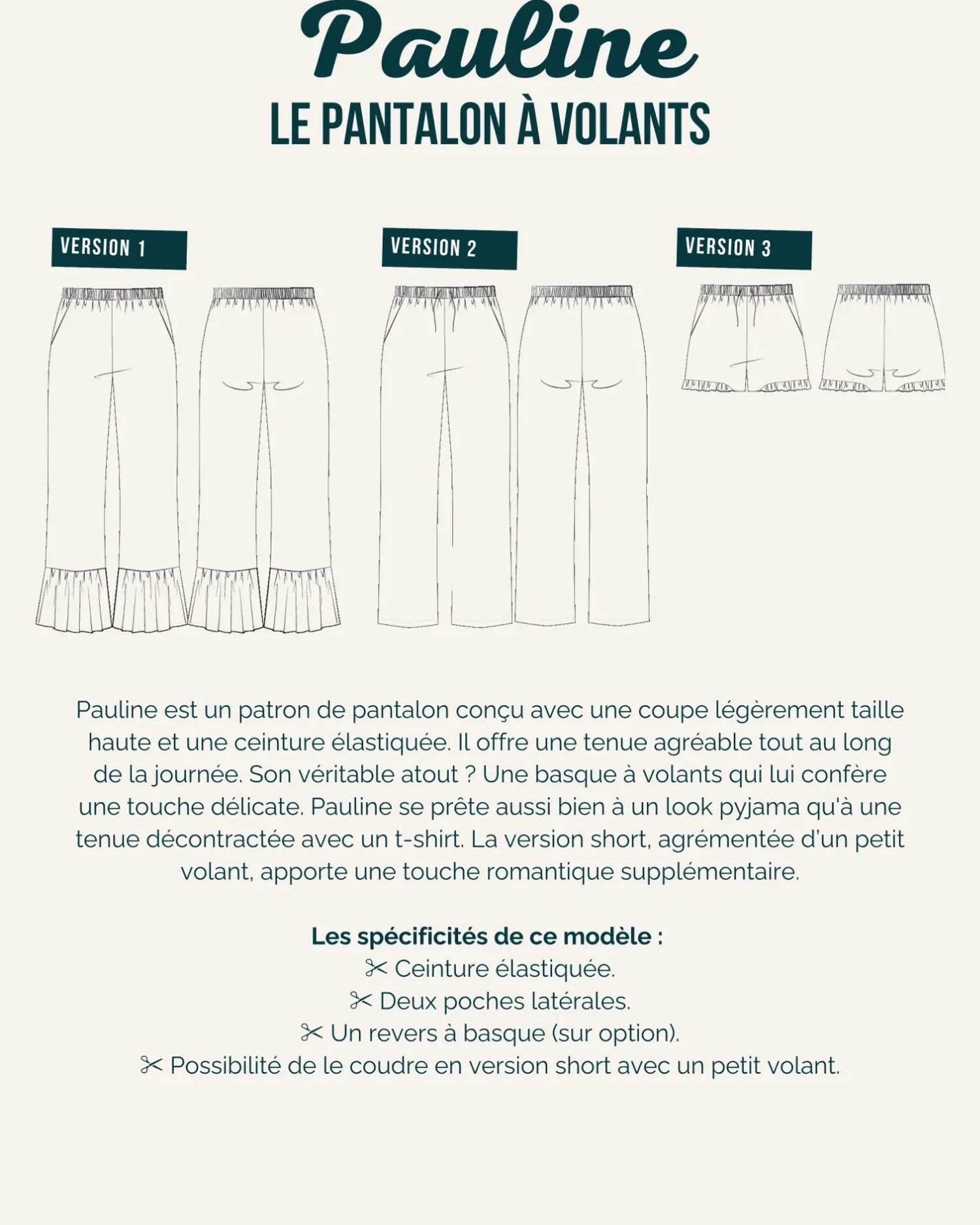 Illustration technique du patron du pantalon Paulne, montrant ses spécificités et ses versions.