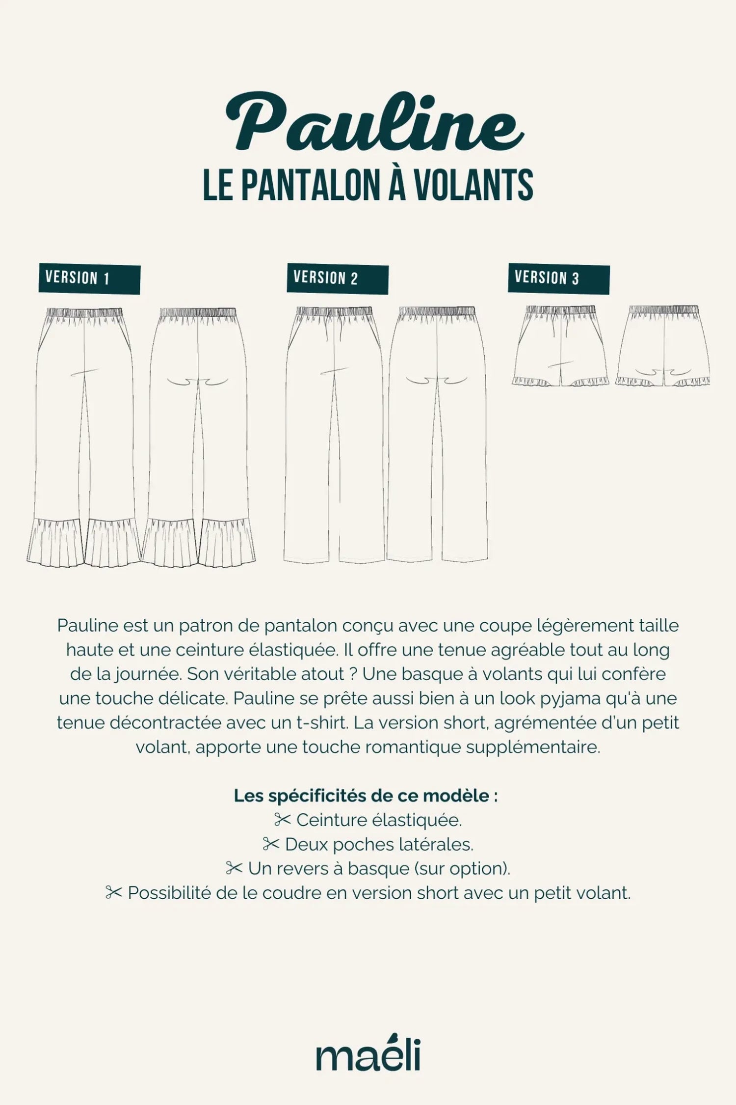 Illustration technique du patron du pantalon Paulne, montrant ses spécificités et ses versions.