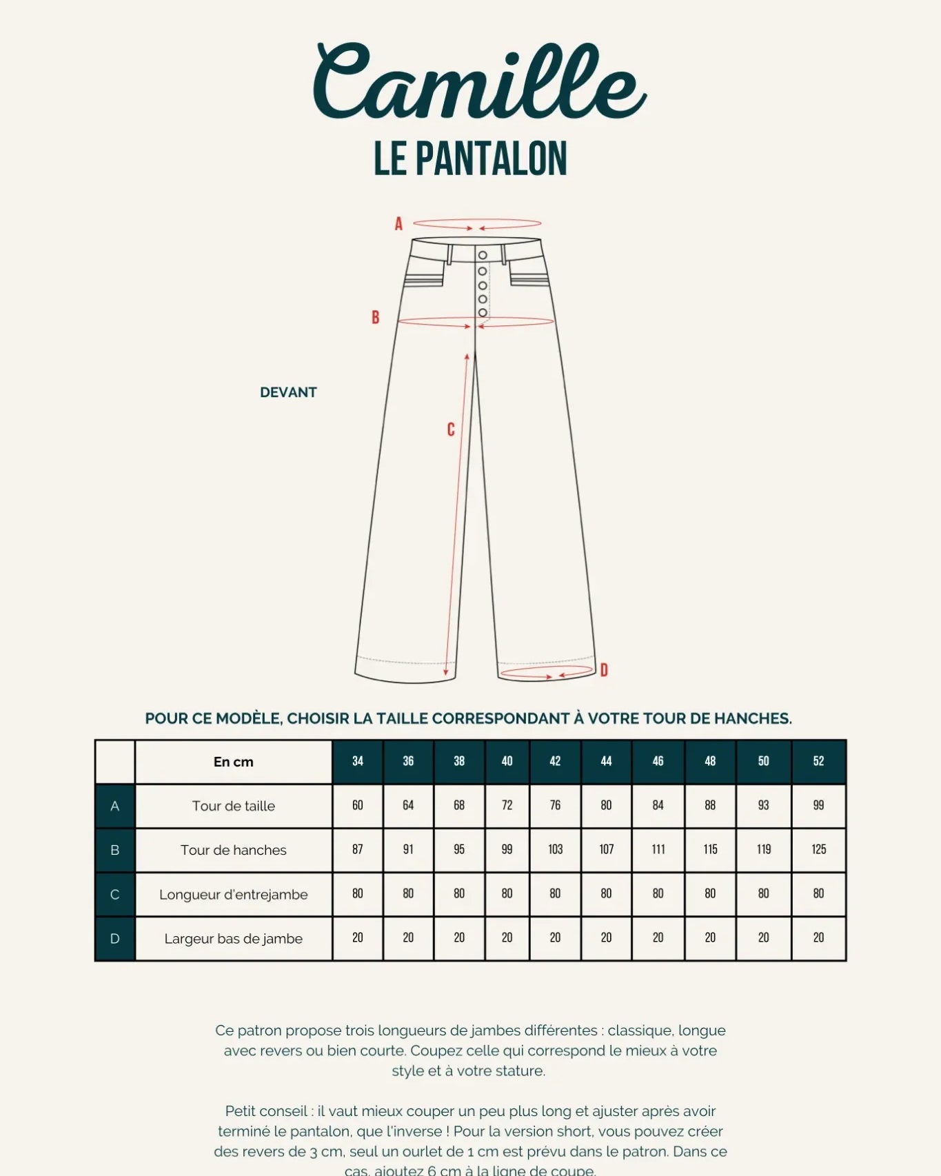 Fiche technique du patron de pantalon Camille.