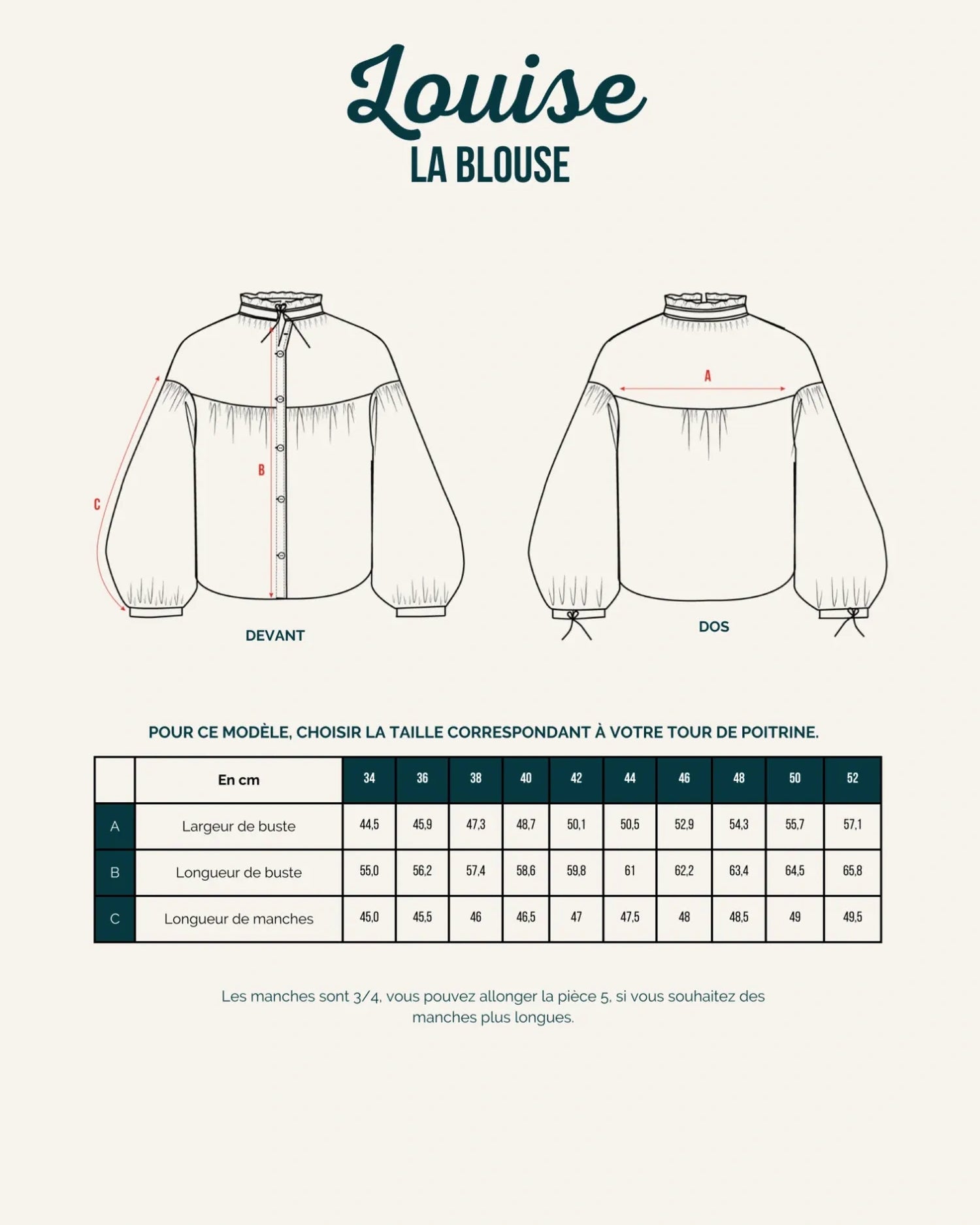 Schéma technique de la blouse Louise de Maéli Paris.
