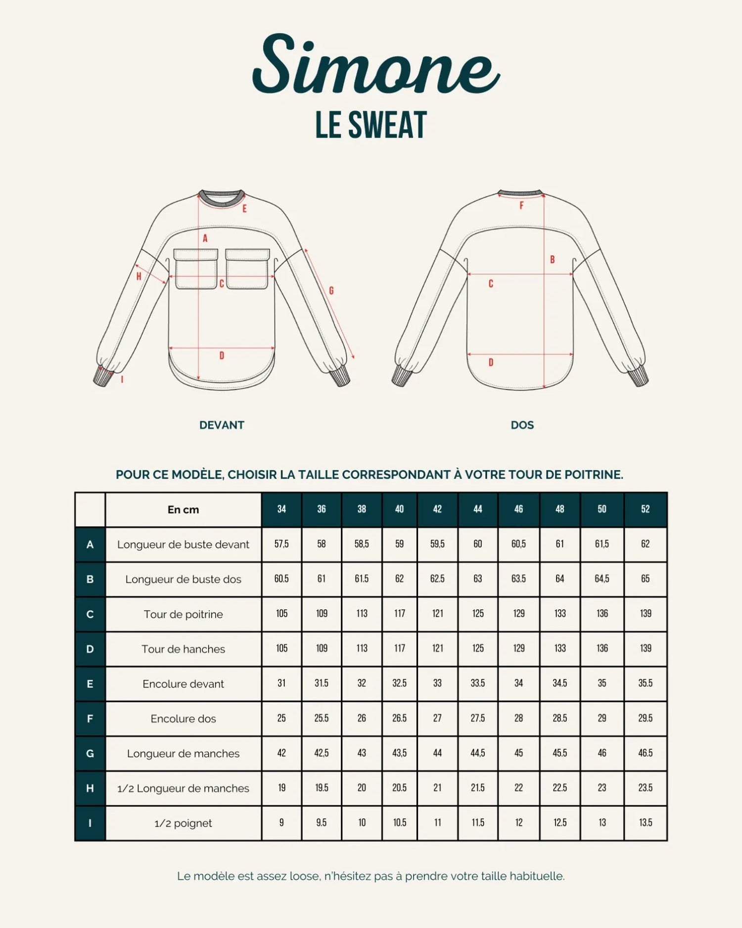 Schéma technique du sweat Simone de Maéli Paris.