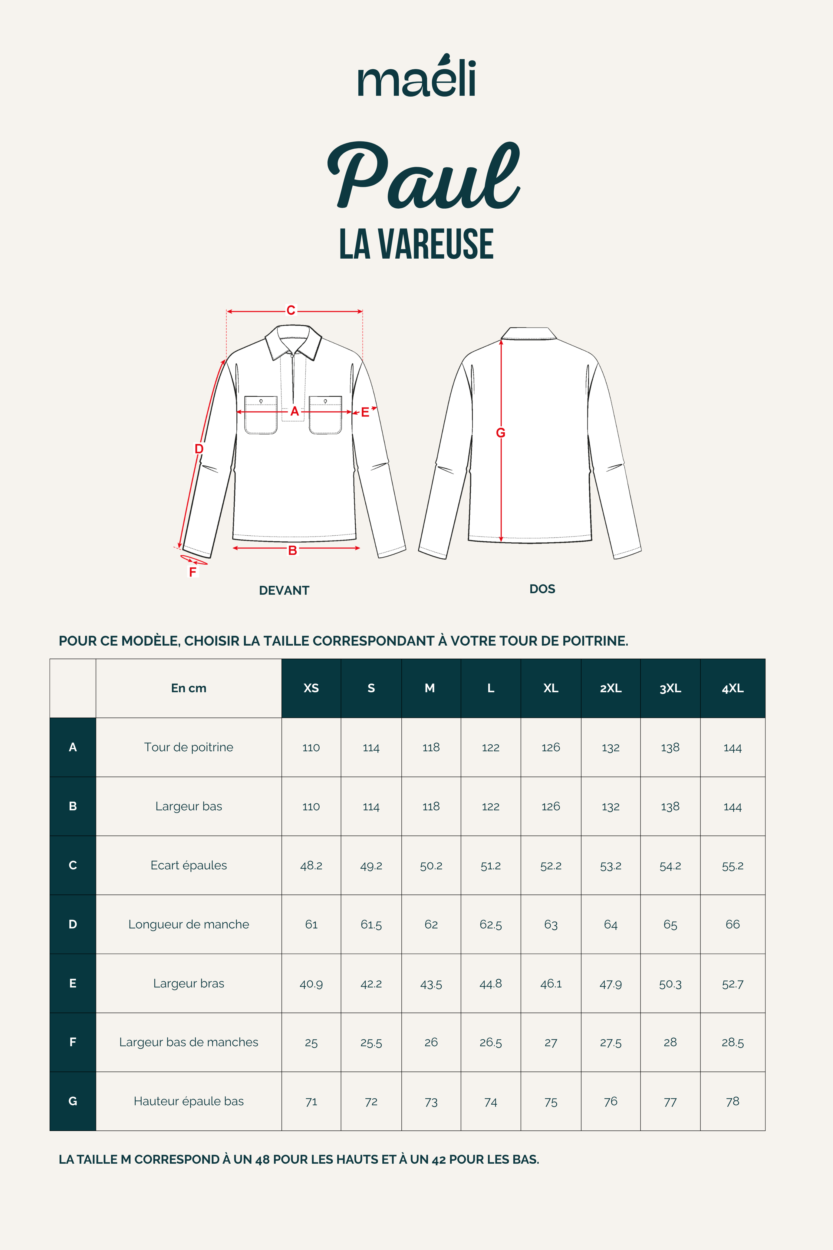 Guide des tailles du patron de couture vareuse homme Paul avec col chemise, poche poitrine et coupe decontractee du XS au 4XL