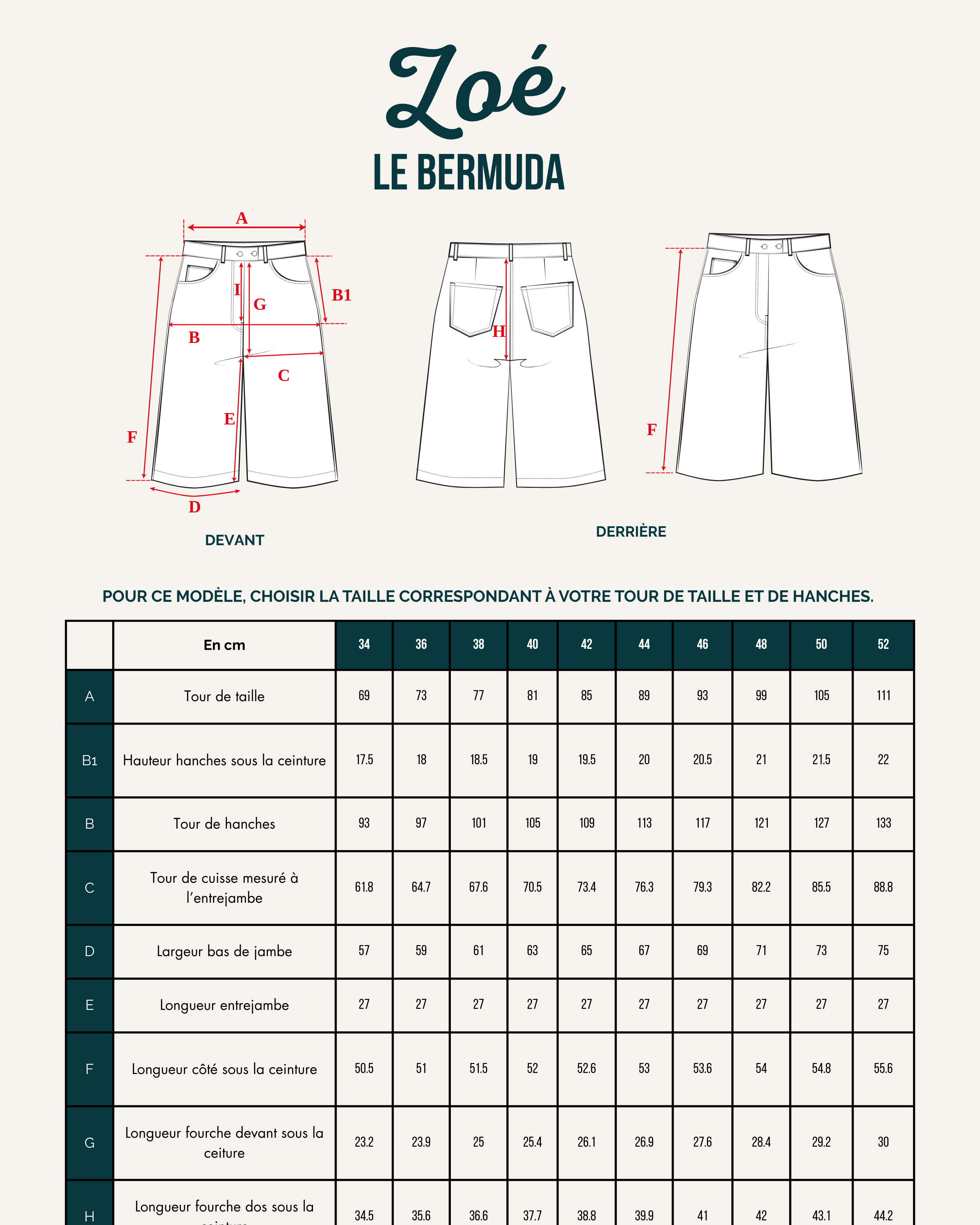 Patron de couture bermuda Zoé schéma technique avec mesures et tableau des tailles