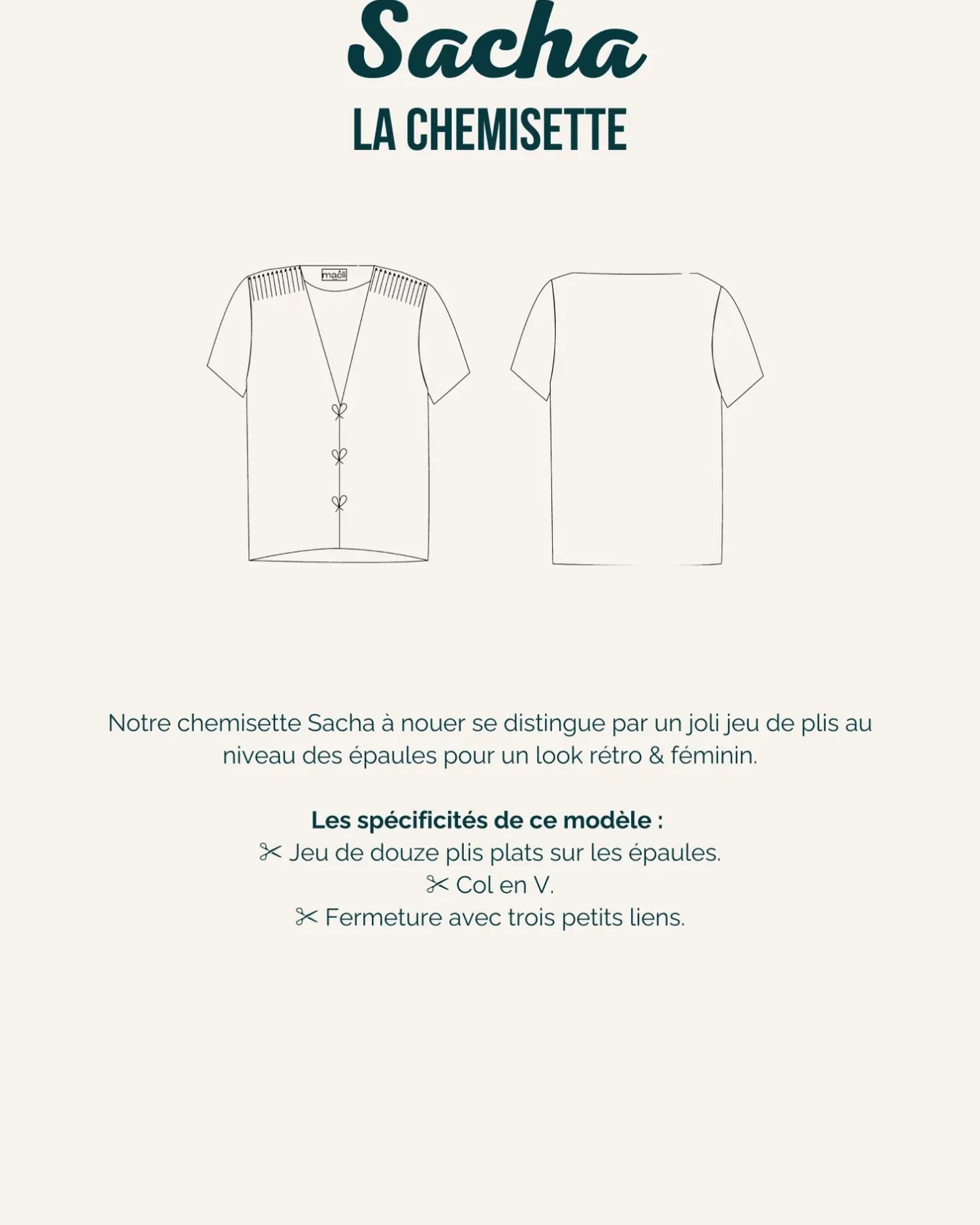 Fiche technique du patron de couture chemisette Sacha avec ses spécificités.