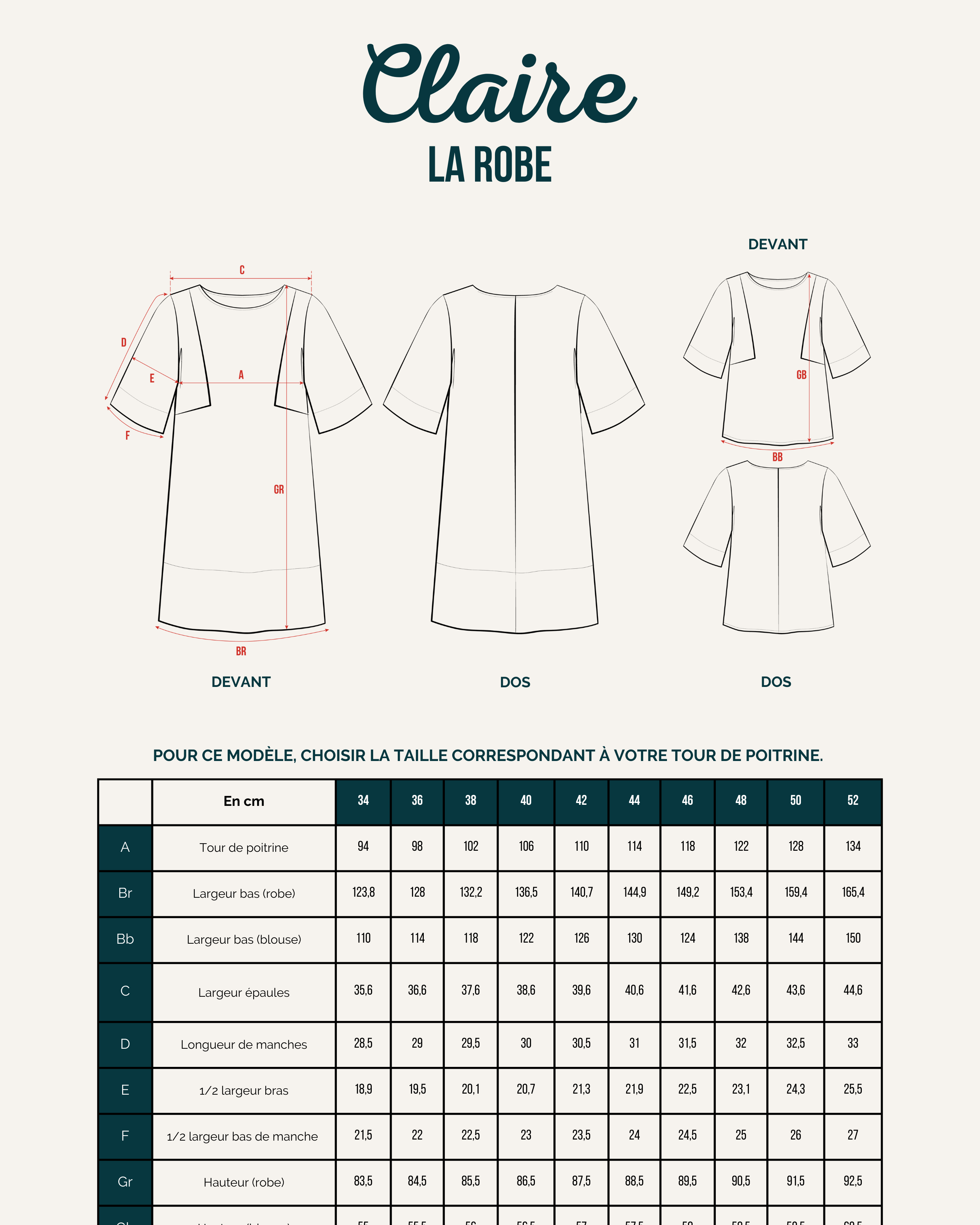 patron couture robe claire tableau des tailles mesures robe et blouse fiche technique