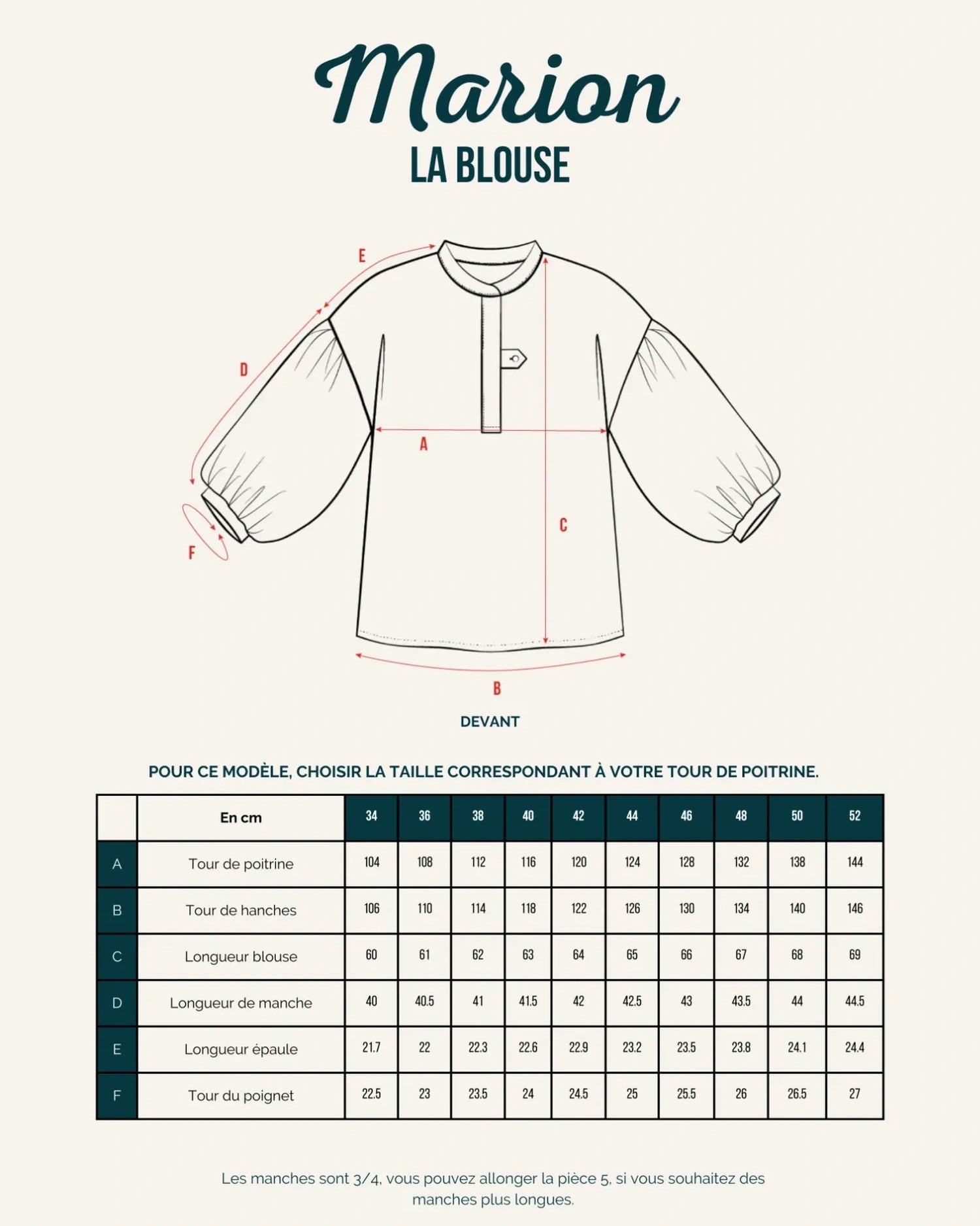 Fiche technique patron Marion blouse à manches trois quarts et coupe droite, idéale pour l'upcycling de tissus.