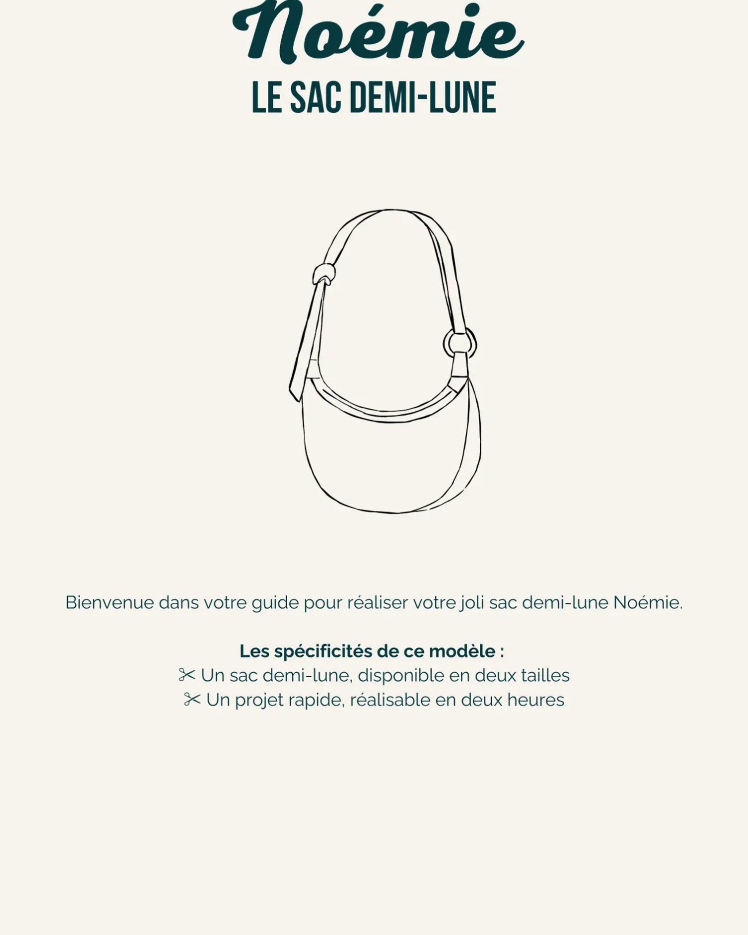 Illustration technique du sac demi-lune Noémie, guide couture.