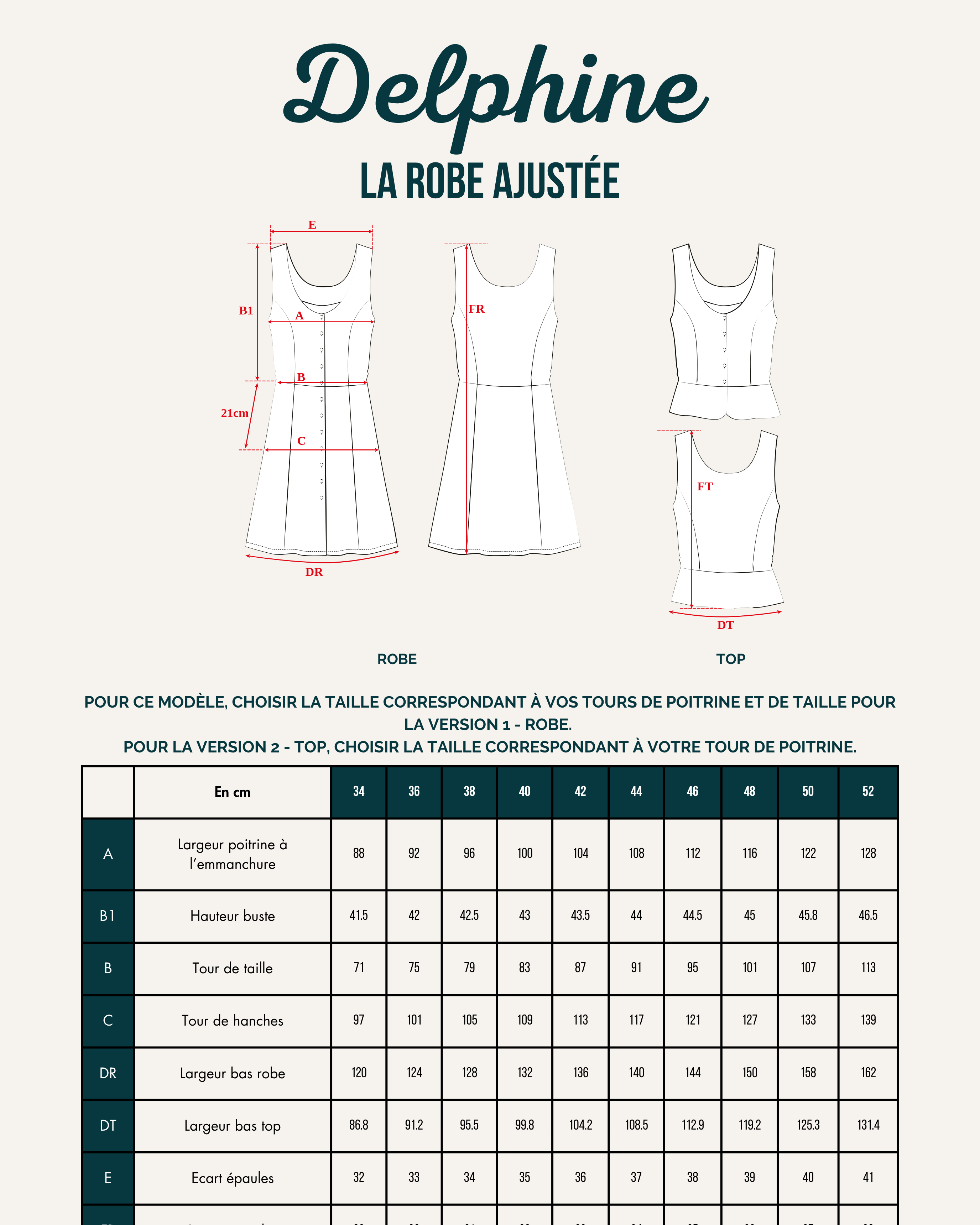 Patron de couture robe Delphine schéma technique avec version robe et top et tableau des tailles