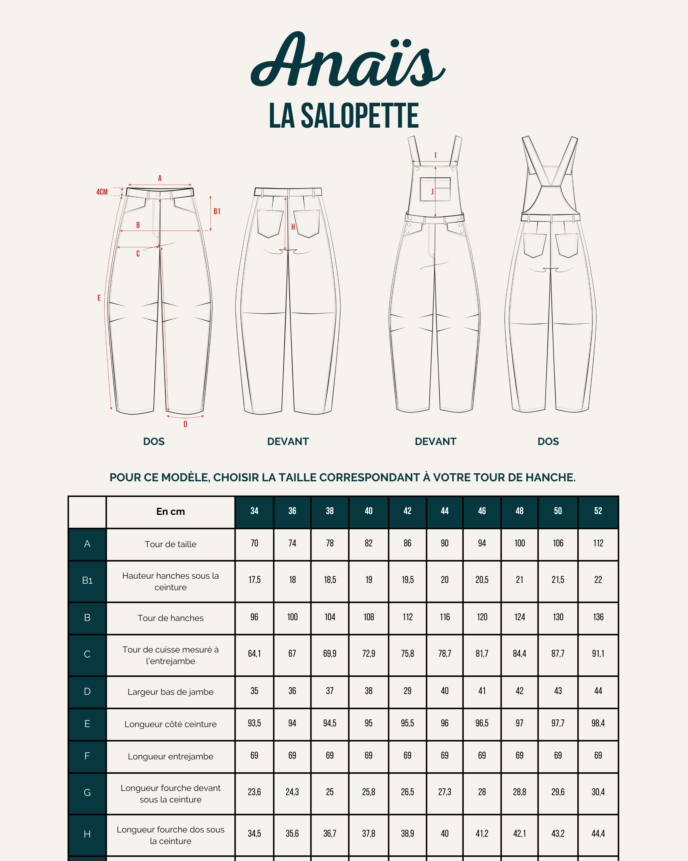 Patron salopette Anais inclus dans le coffret couture avec plan technique et tableau des tailles pour choisir sa coupe