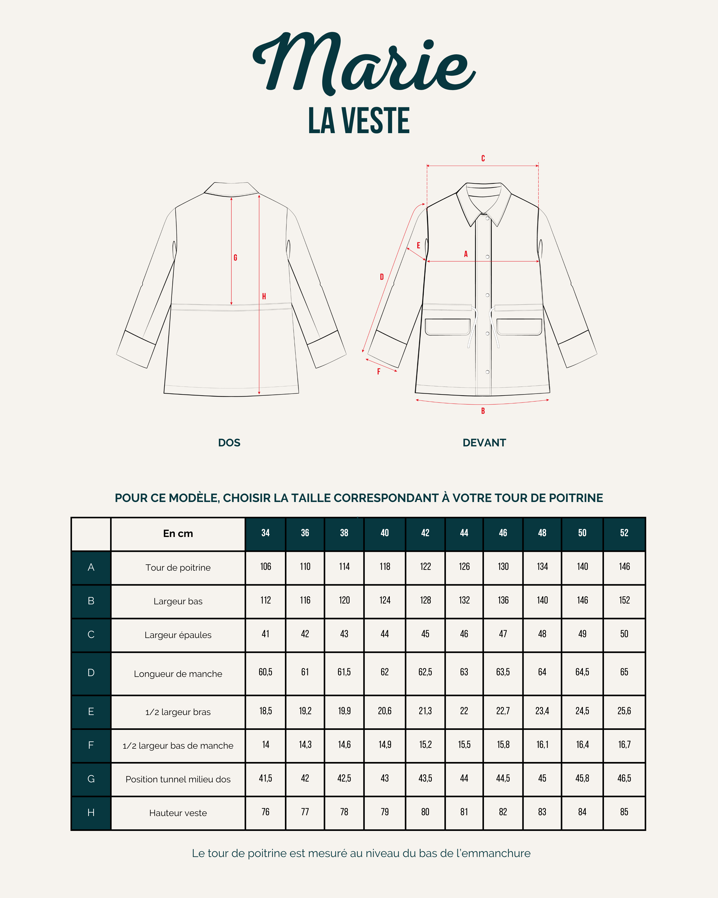 Plan technique patron veste Marie avec schema de coupe et tableau des tailles couture