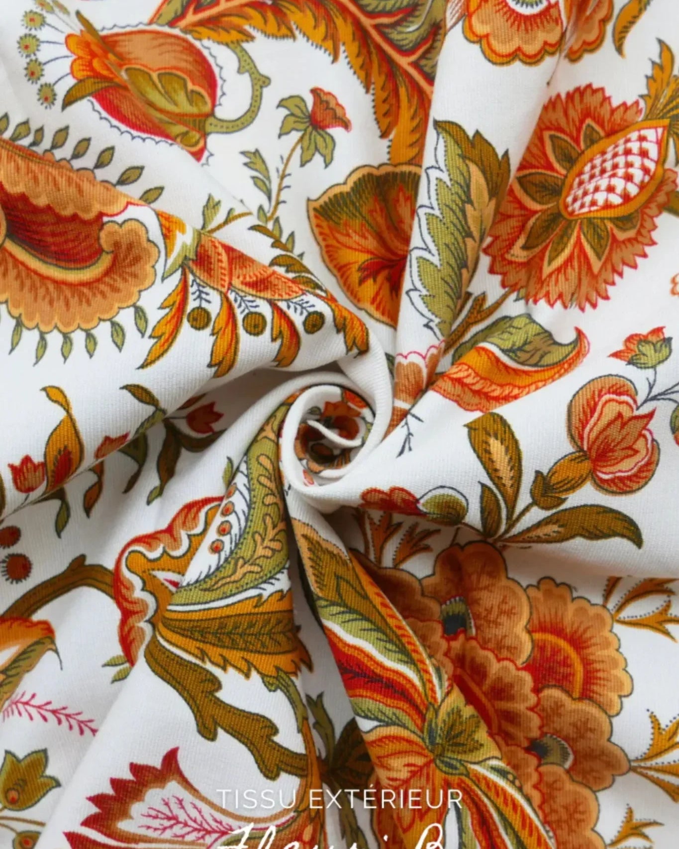 Tissu fleuri orange extérieur pour kit couture Martha personnalisable.