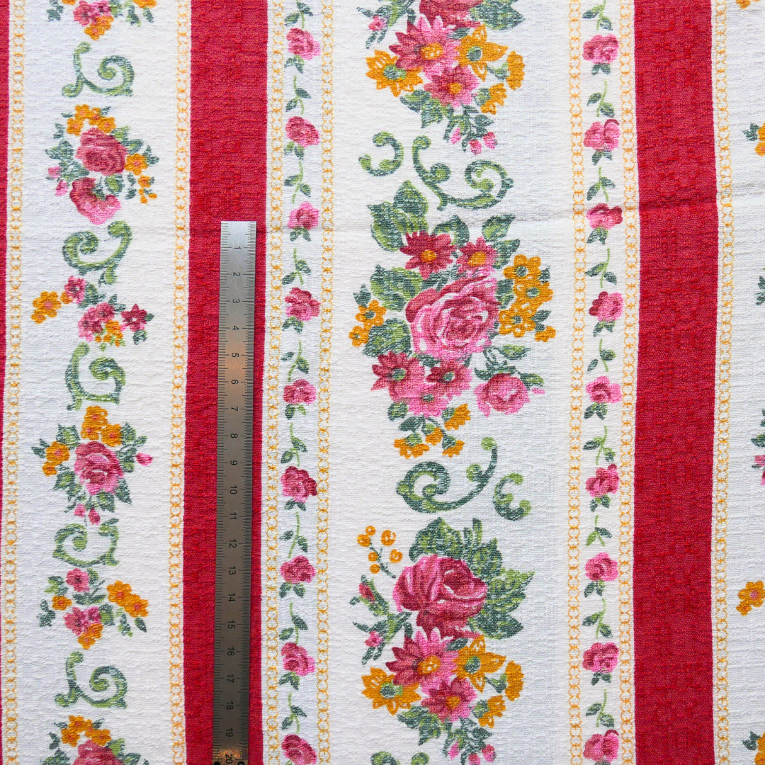 Tissu - Coton - Blanc avec des bandes rouges et des fleurs roses et jaunes - 115 cm * 190 cm