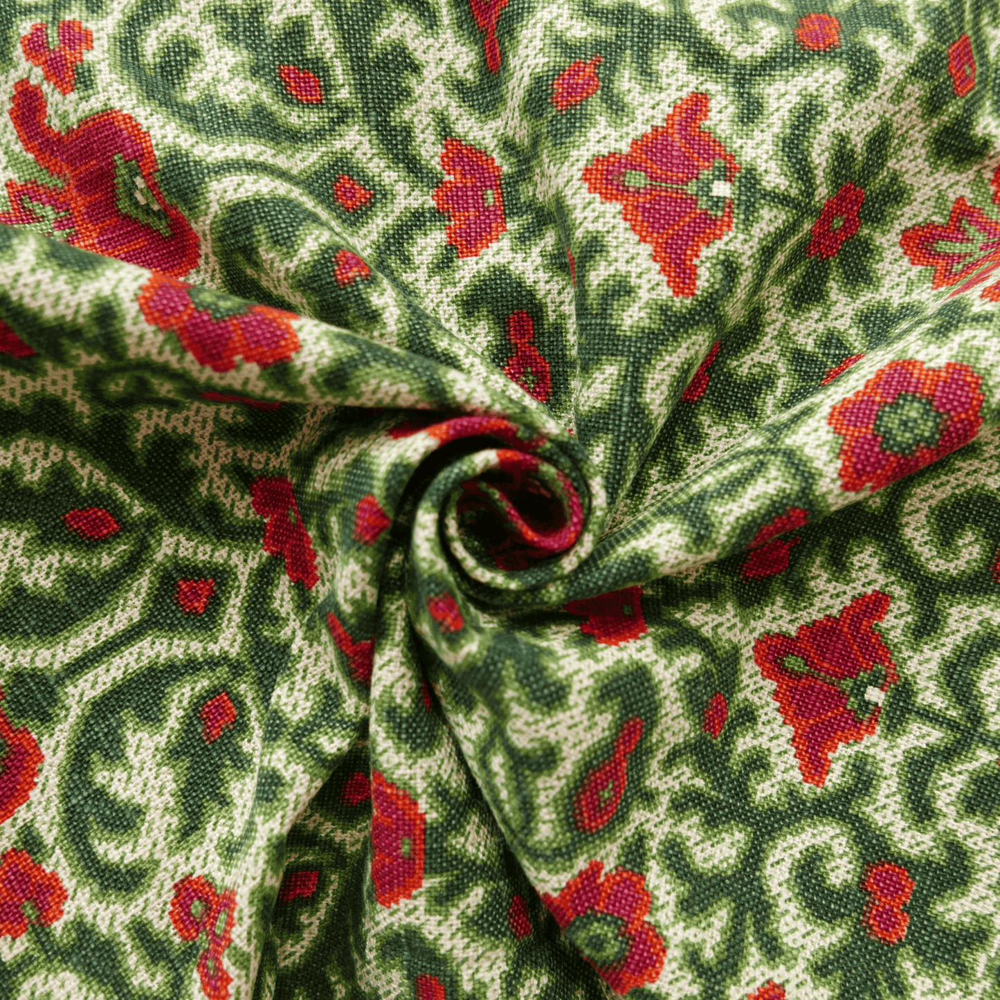 Tissu 100% coton - Fleurs vertes & roses avec arabesques - 170 cm * 119 cm