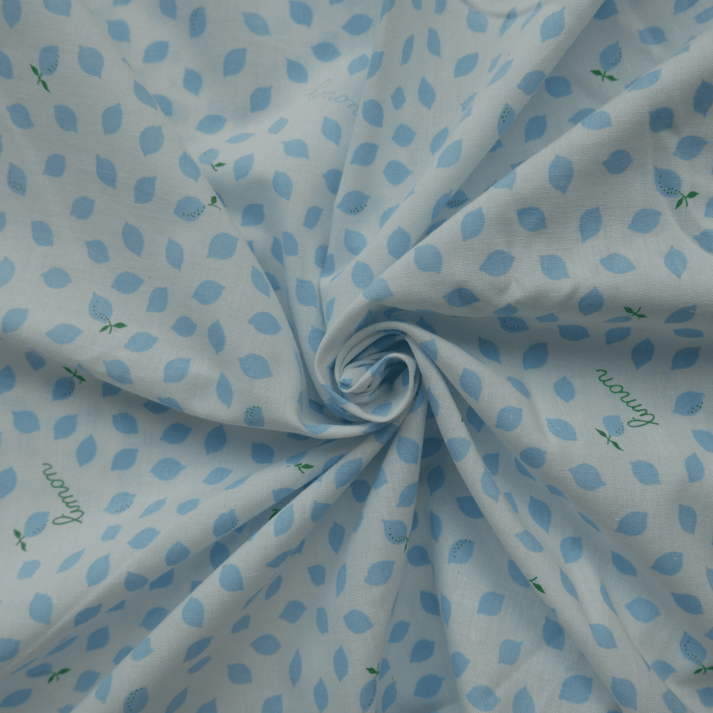 Tissu 100% coton - Blanc avec motifs petits citrons bleus & écritures vertes "lemon" - 200 cm * 200 cm