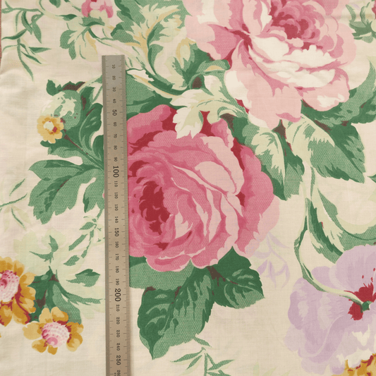Tissu coton - Écru fleurs roses & vertes - 175 cm * 240 cm