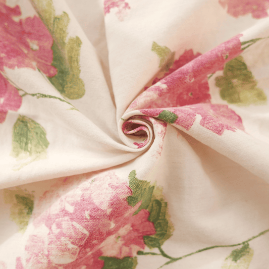 Tissu en Coton et en lin - Blanc hortensias roses - 140 cm * 200 cm