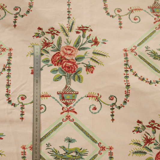 Tissu 100% Coton - Écru avec motifs fleuris verts et roses  - 130 cm * 190 cm