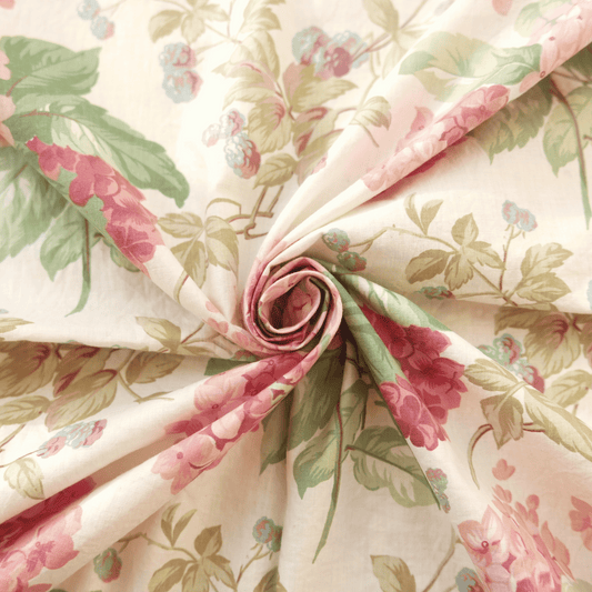 Tissu 100% Coton - Écru avec fleurs roses et feuillage  - 200 cm * 230 cm
