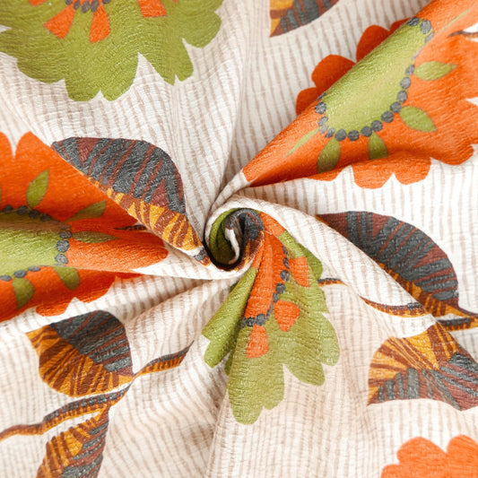Tissu 100% - Fleurs orange et vertes kaki - 90 cm * 200 cm
