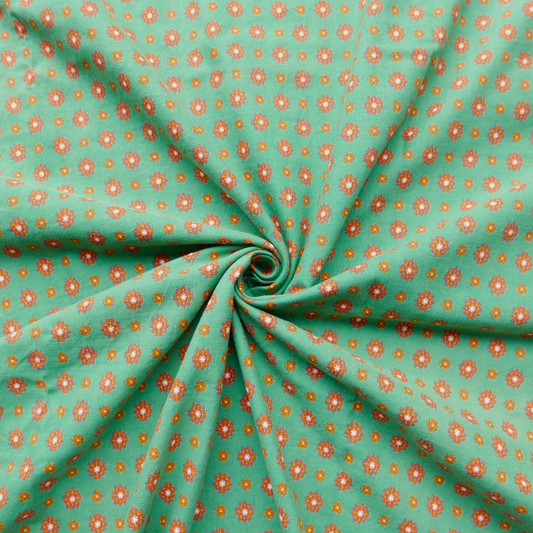 Tissu Coton - Vert avec petits motifs réguliers rouges et jaunes  - 125 cm * 270 cm