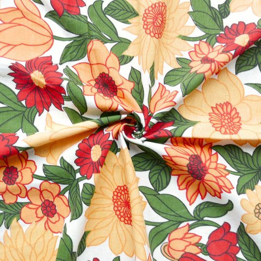 Tissu Coton - Blanc avec fleurs vintage orange et rouges  - 58 cm * 145 cm