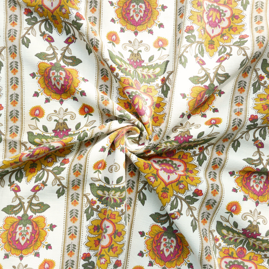 Tissu Coton - Écru avec motifs fleuris orange et jaunes - 125 cm * 245 cm