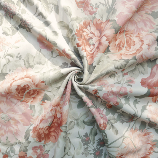 Tissu polyester - Écru avec fleurs roses et feuillage vert - 140 cm * 250 cm