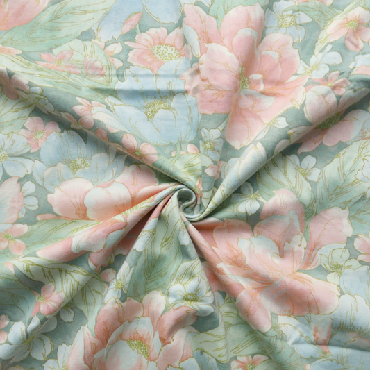 Tissu polyester - Fleurs couleur pastel, roses, bleues et jaunes - 135 cm * 245 cm