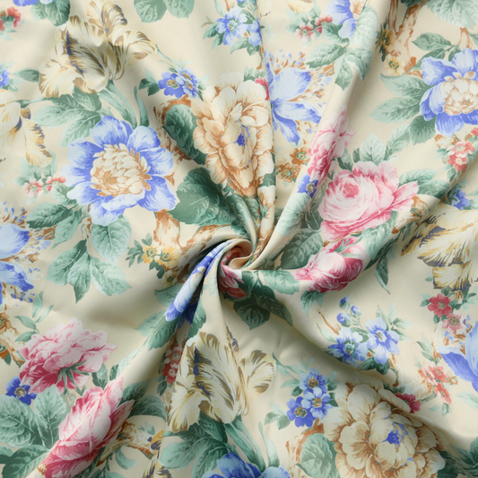 Tissu polyester - Écru avec fleurs roses, bleues et jaunes - 150 cm * 225 cm