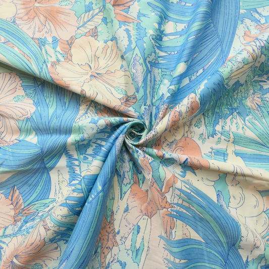 Tissu Coton - Bleu turquoise avec paysage fleuri  - 140 cm * 265 cm