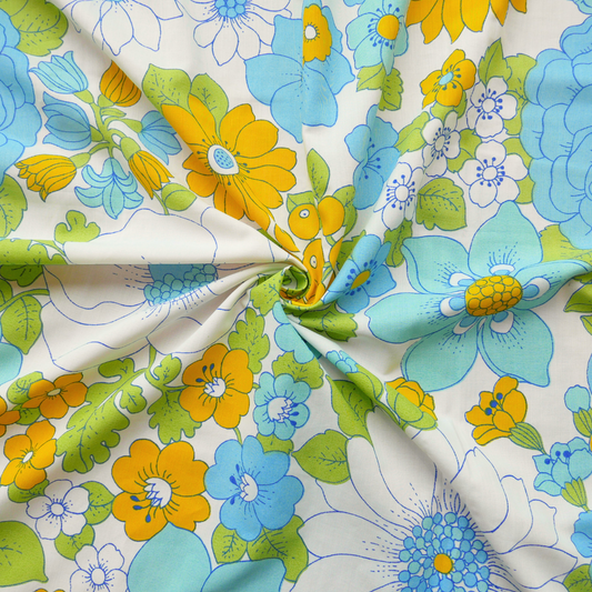 Tissu Coton - Blanc à motifs jaunes, vertes et bleues  - 175 cm * 290 cm
