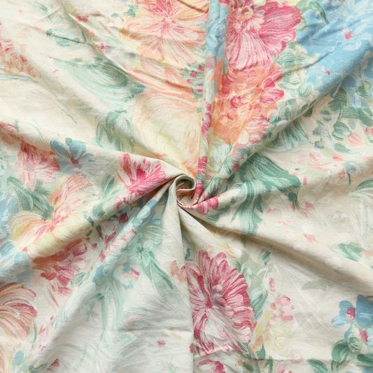 Tissu Coton - Écru avec grandes fleurs bleues, roses et vertes - 130 cm * 200 cm