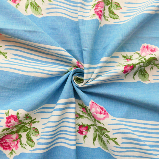 Tissu Coton - Bleu avec bandes rayées et fleurs roses - 130 cm * 235 cm