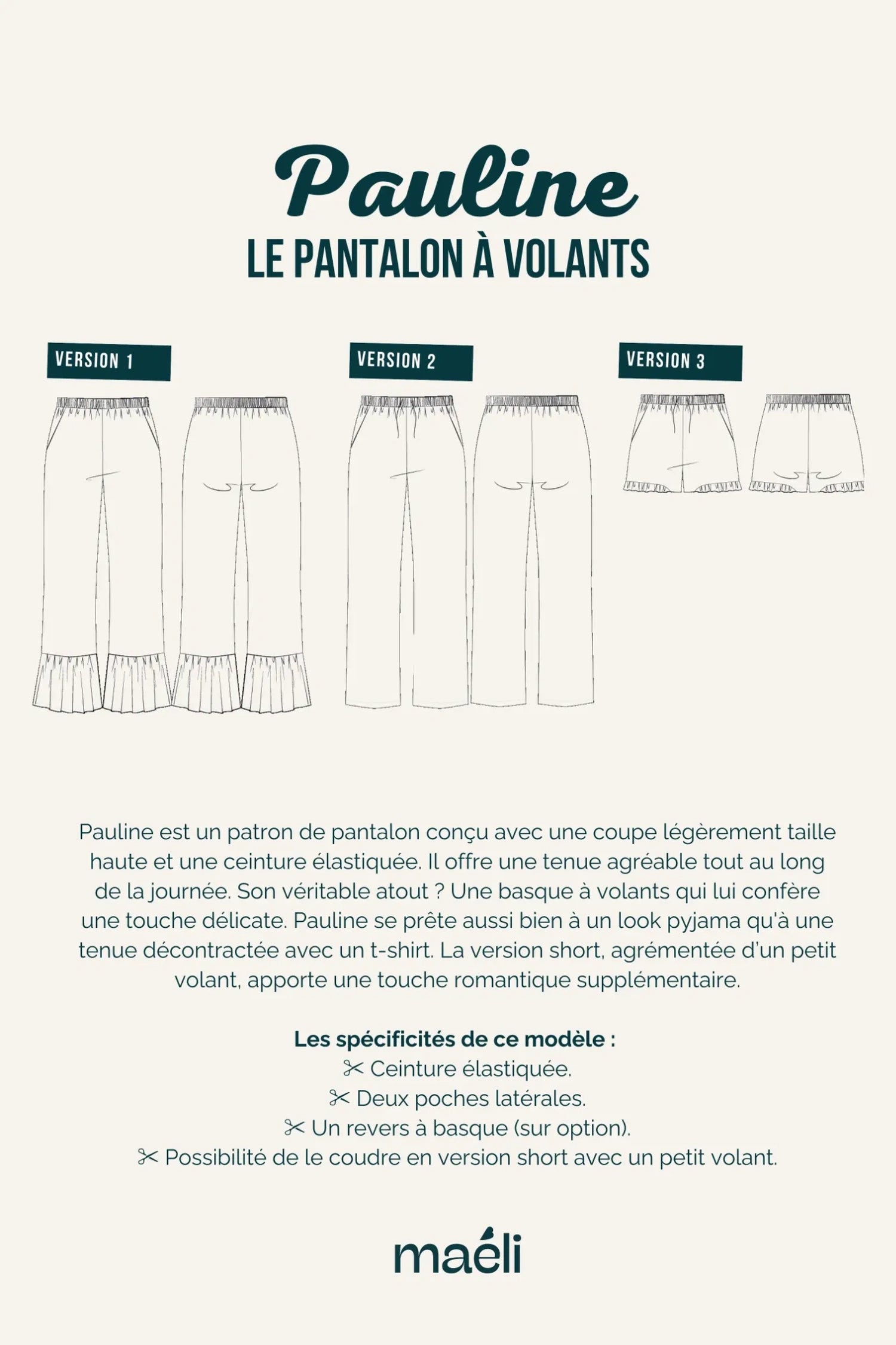 Illustration technique du patron du pantalon Paulne, montrant ses spécificités et ses versions.
