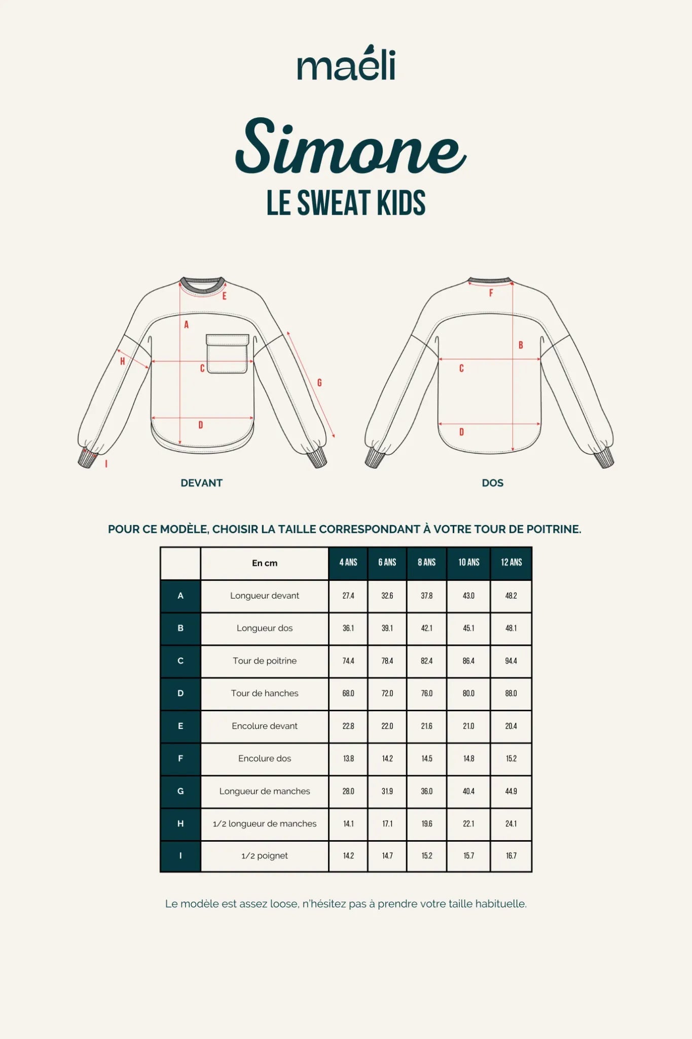 Schéma technique du sweat Simone kids de Maéli Paris.