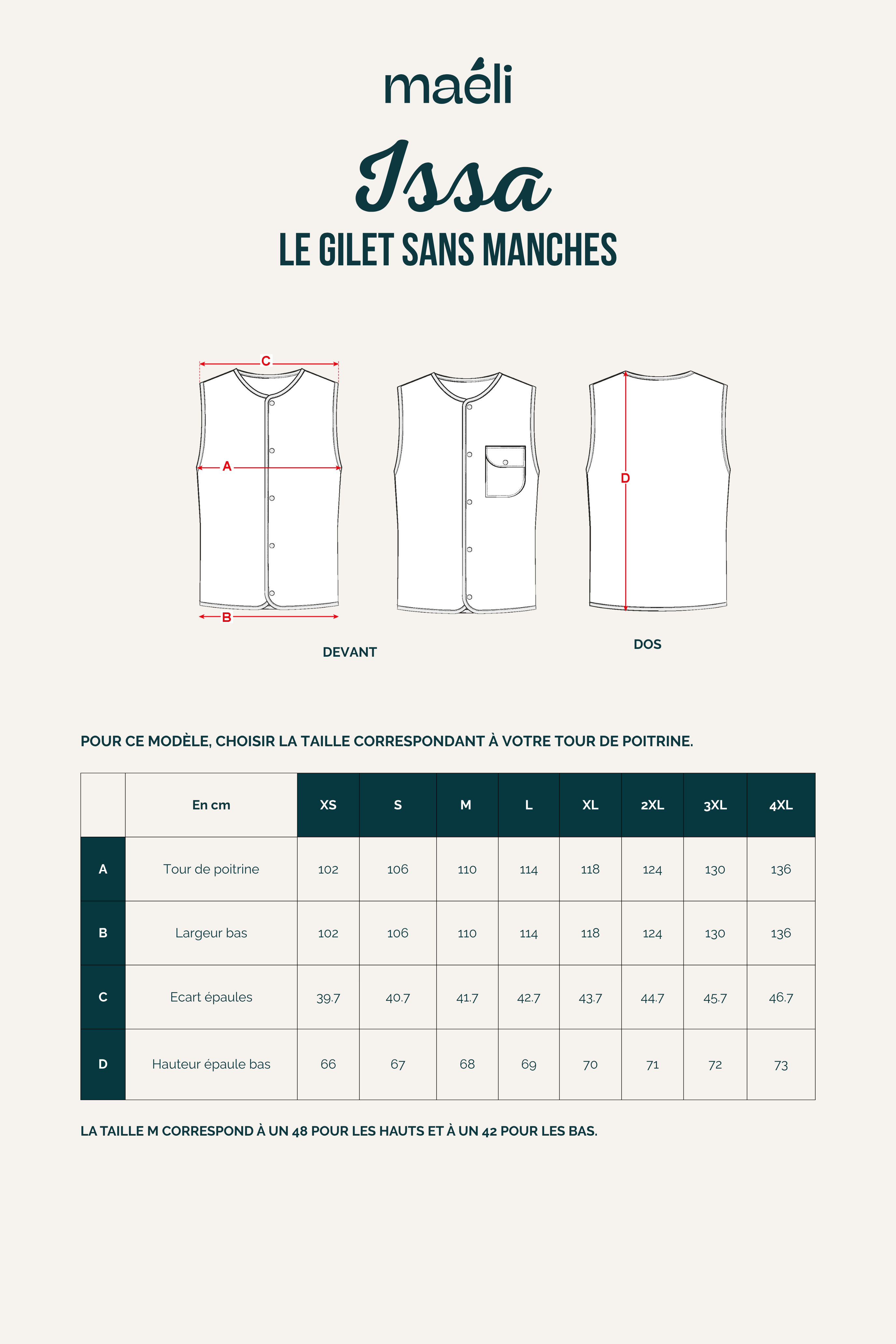 Guide des tailles du patron de couture gilet sans manches homme Issa avec poche plaquee et fermeture pressionnee du XS au 4XL