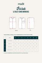 Guide des tailles du patron de couture gilet sans manches homme Issa avec schéma technique du XS au 4XL