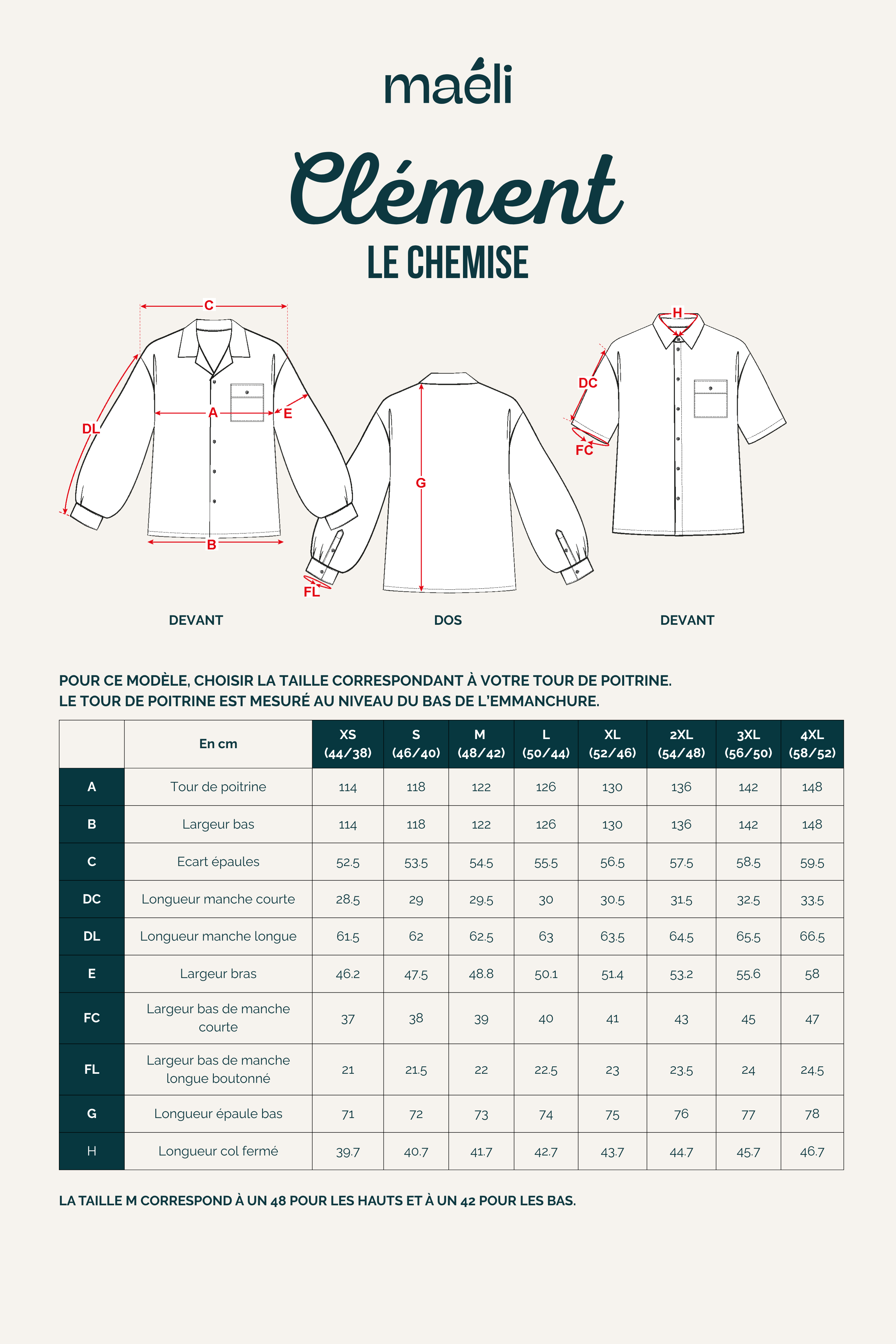 Guide des tailles du patron de couture chemise homme Clement disponible en manches courtes et manches longues du XS au 4XL.
