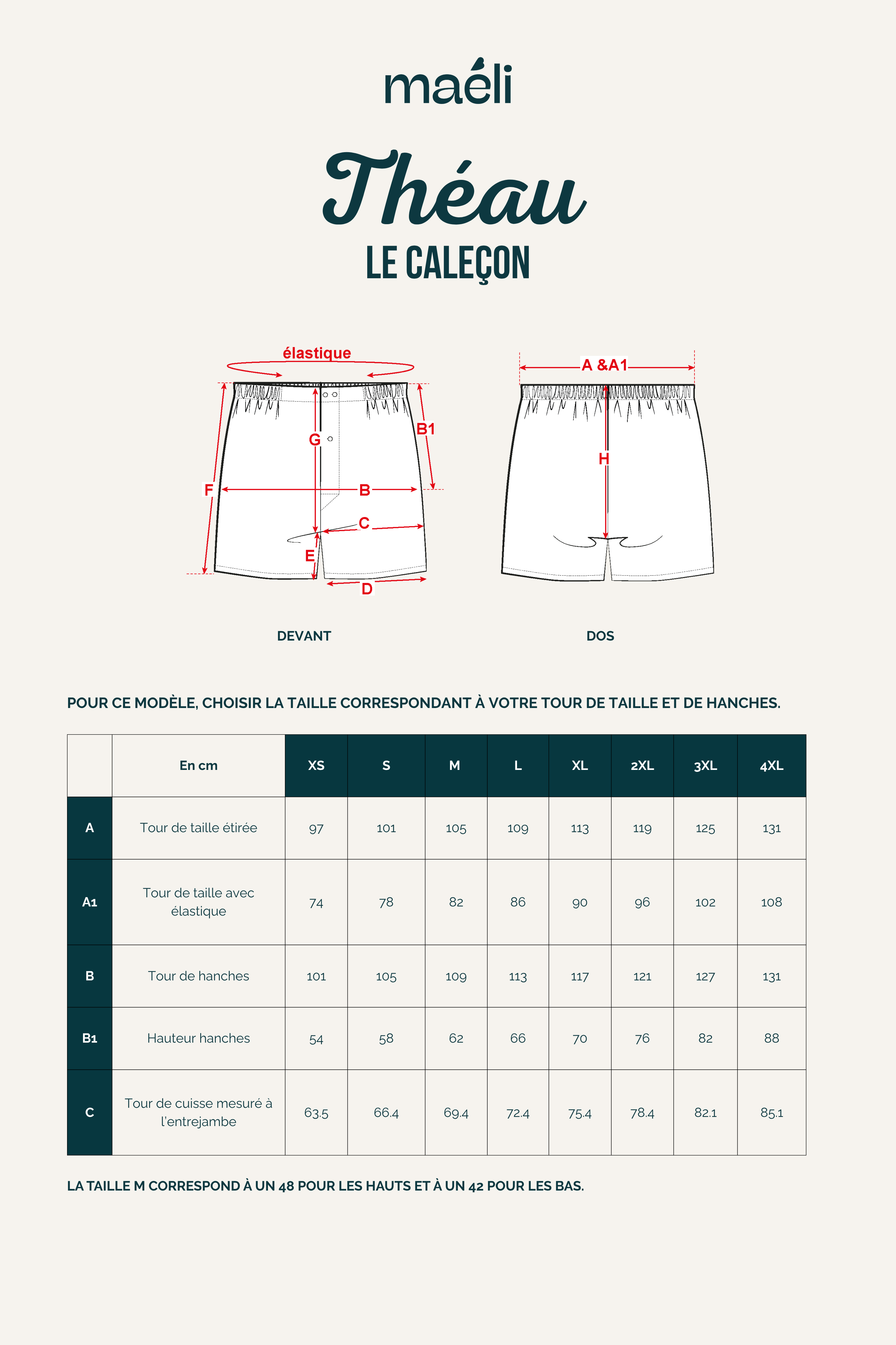 Guide des tailles du patron de couture calecon homme Theau avec taille elastiquee et coupe confortable du XS au 4XL