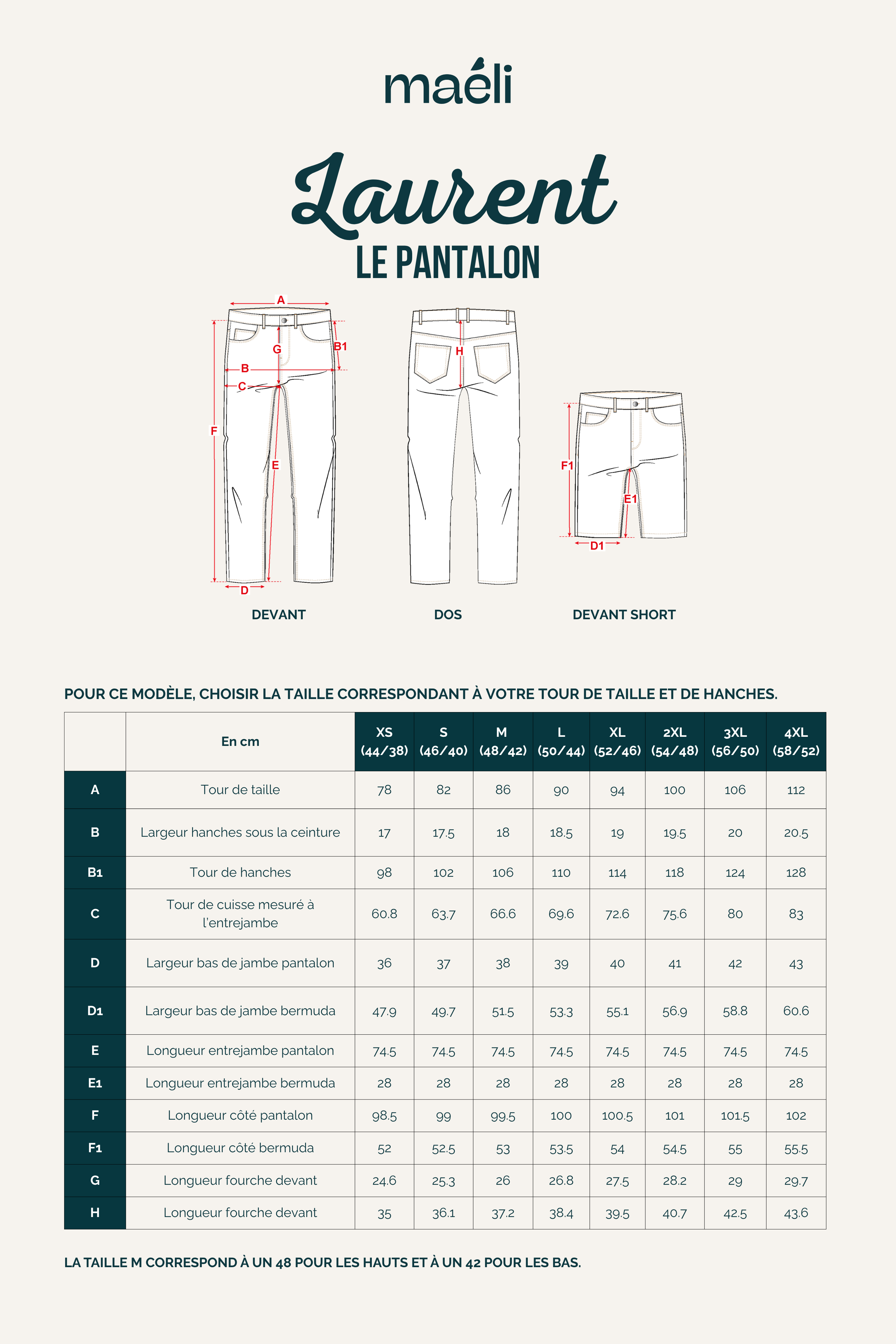 Guide des tailles du patron de couture pantalon homme Laurent declinable en pantalon et bermuda du XS au 4XL