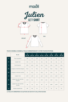 Guide des tailles du patron de couture t-shirt homme Julien disponible en manches courtes et manches longues du XS au 4XL
