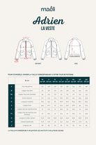 Guide des tailles du patron de couture veste homme Adrien avec tableau des mesures du vêtement fini
