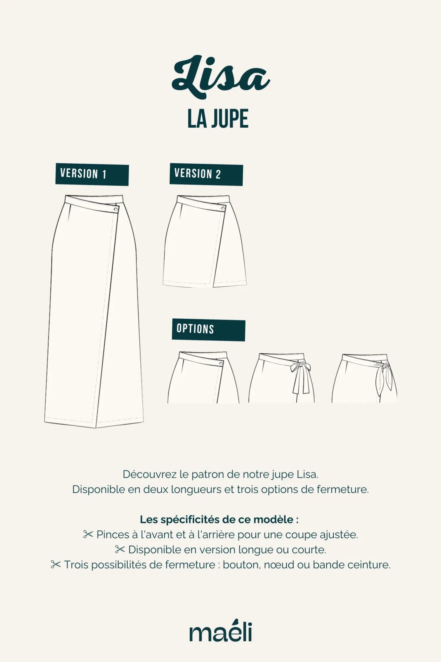 Illustration technique du patron de jupe Lisa, montrant options de longueur et fermetures.