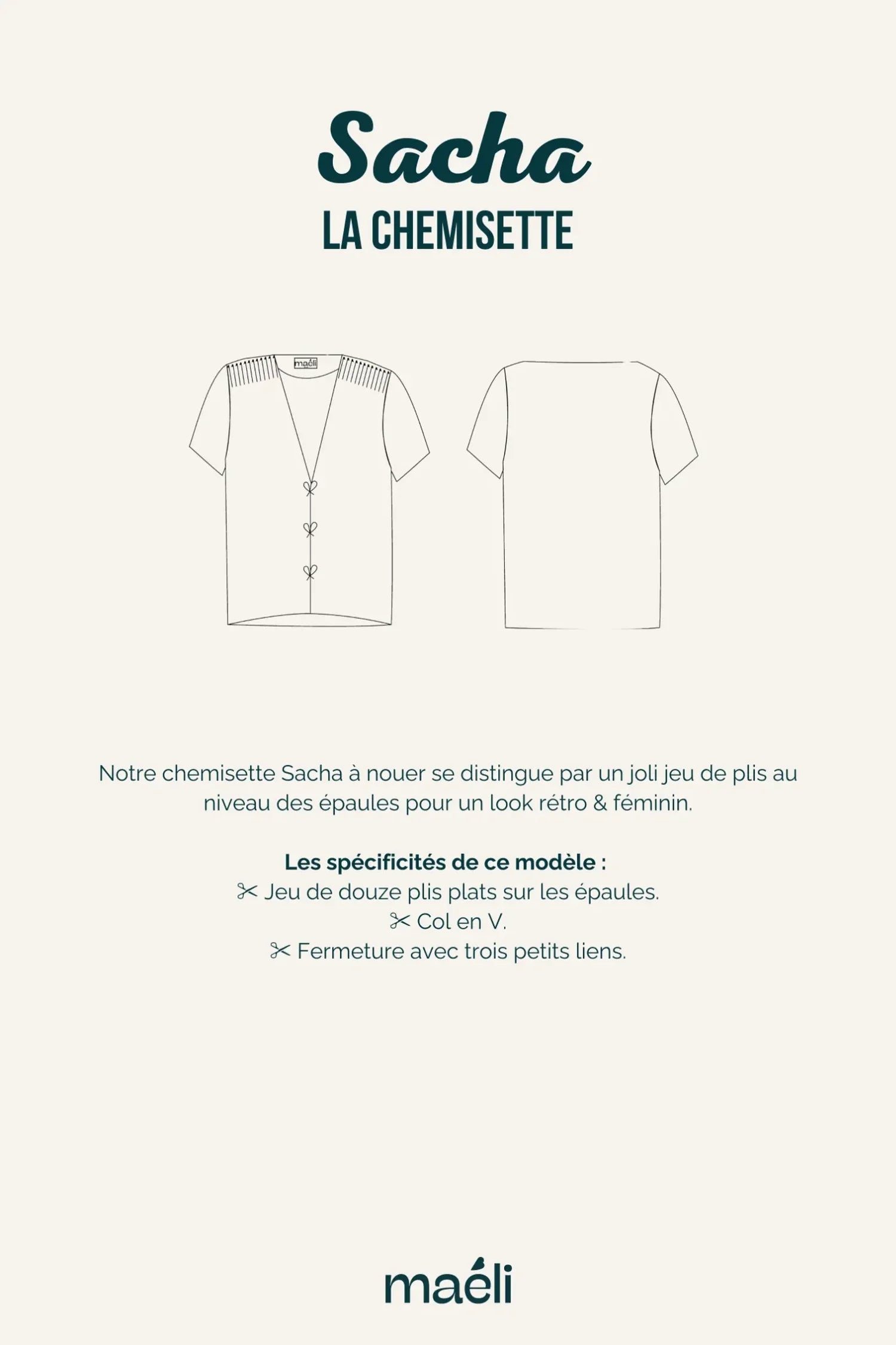 Fiche technique du patron de couture chemisette Sacha avec ses spécificités.