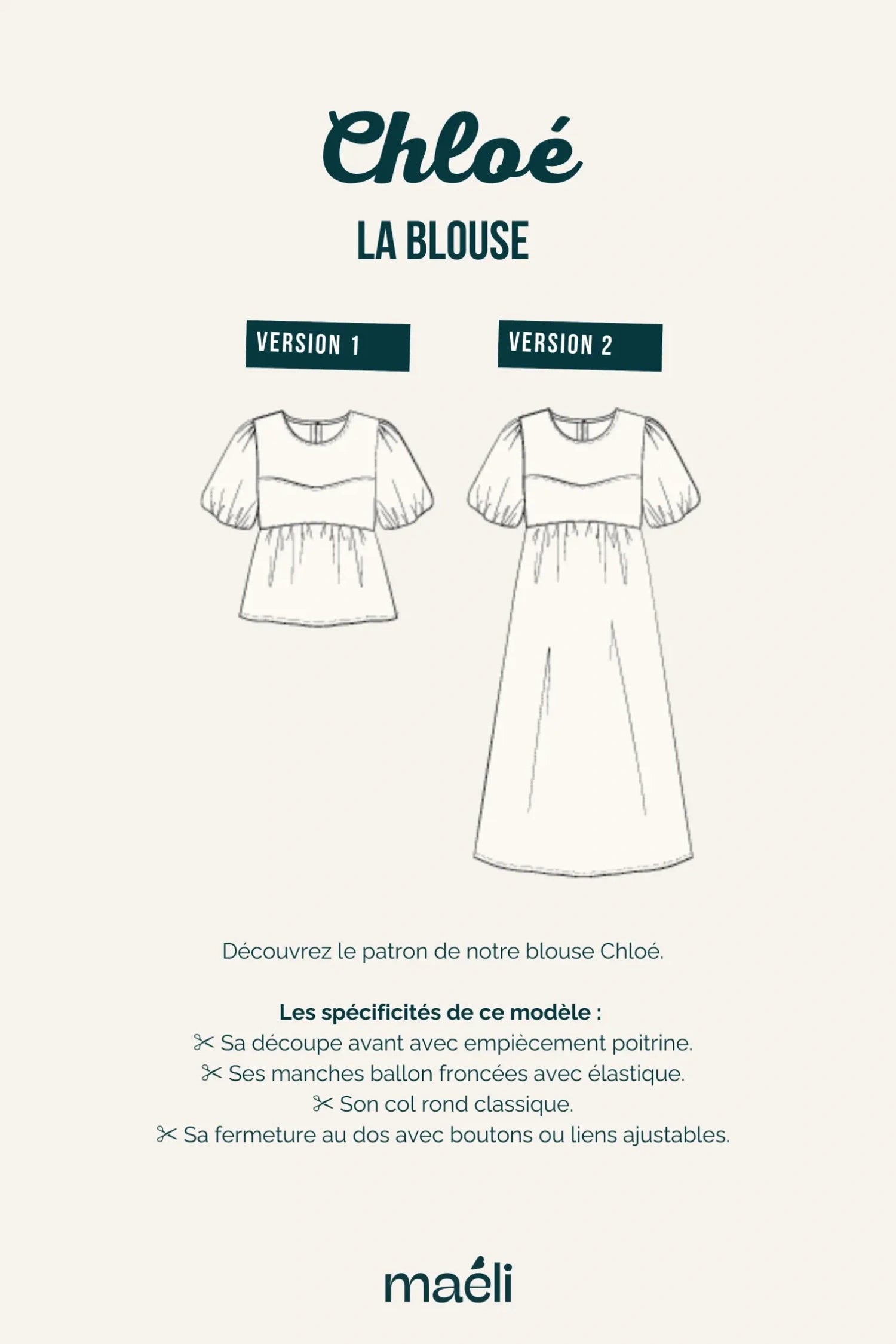 Fiche technique patron de couture blouse Chloé de Maéli Paris