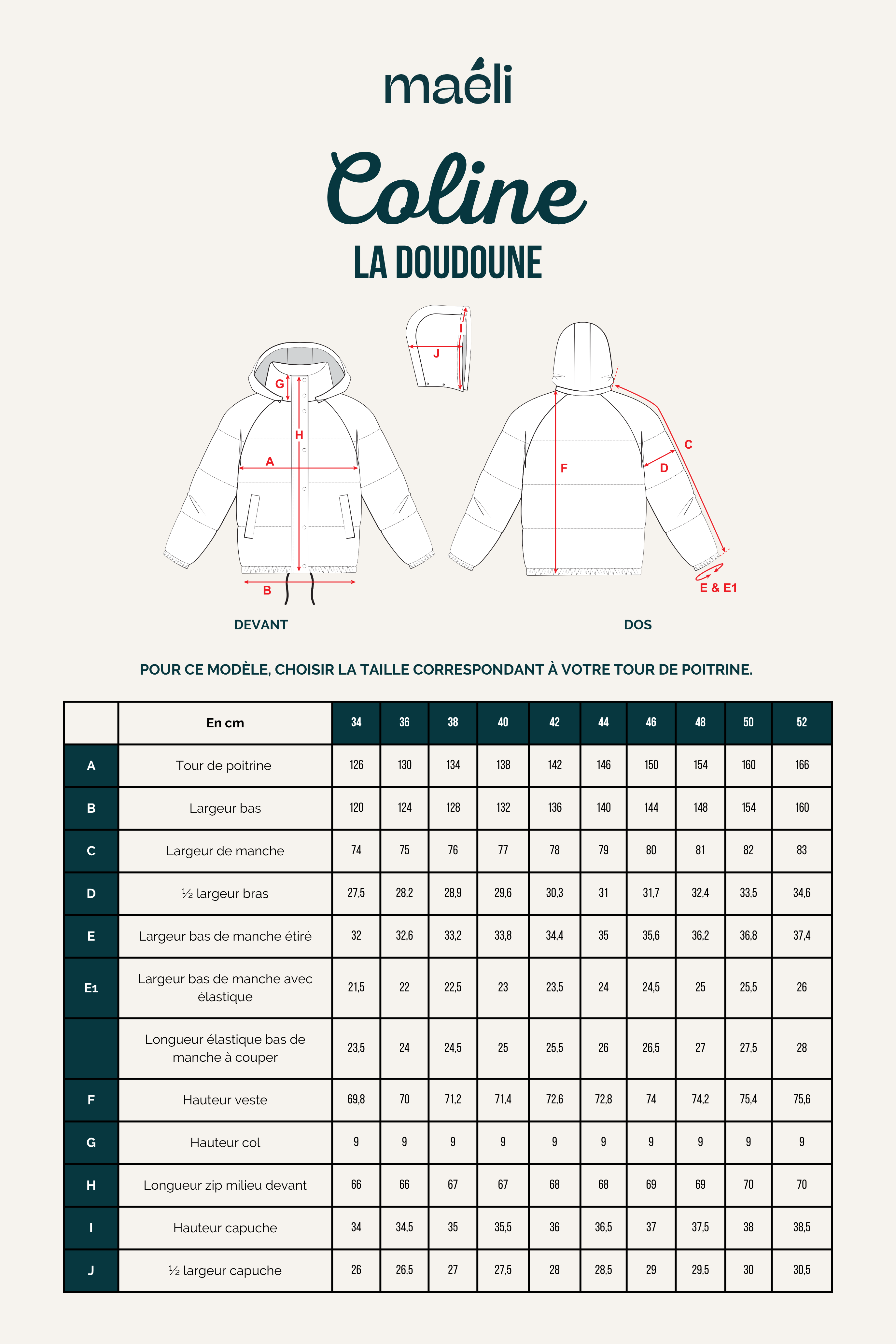 guide tailles patron couture doudoune coline schema technique mesures veste matelassee femme