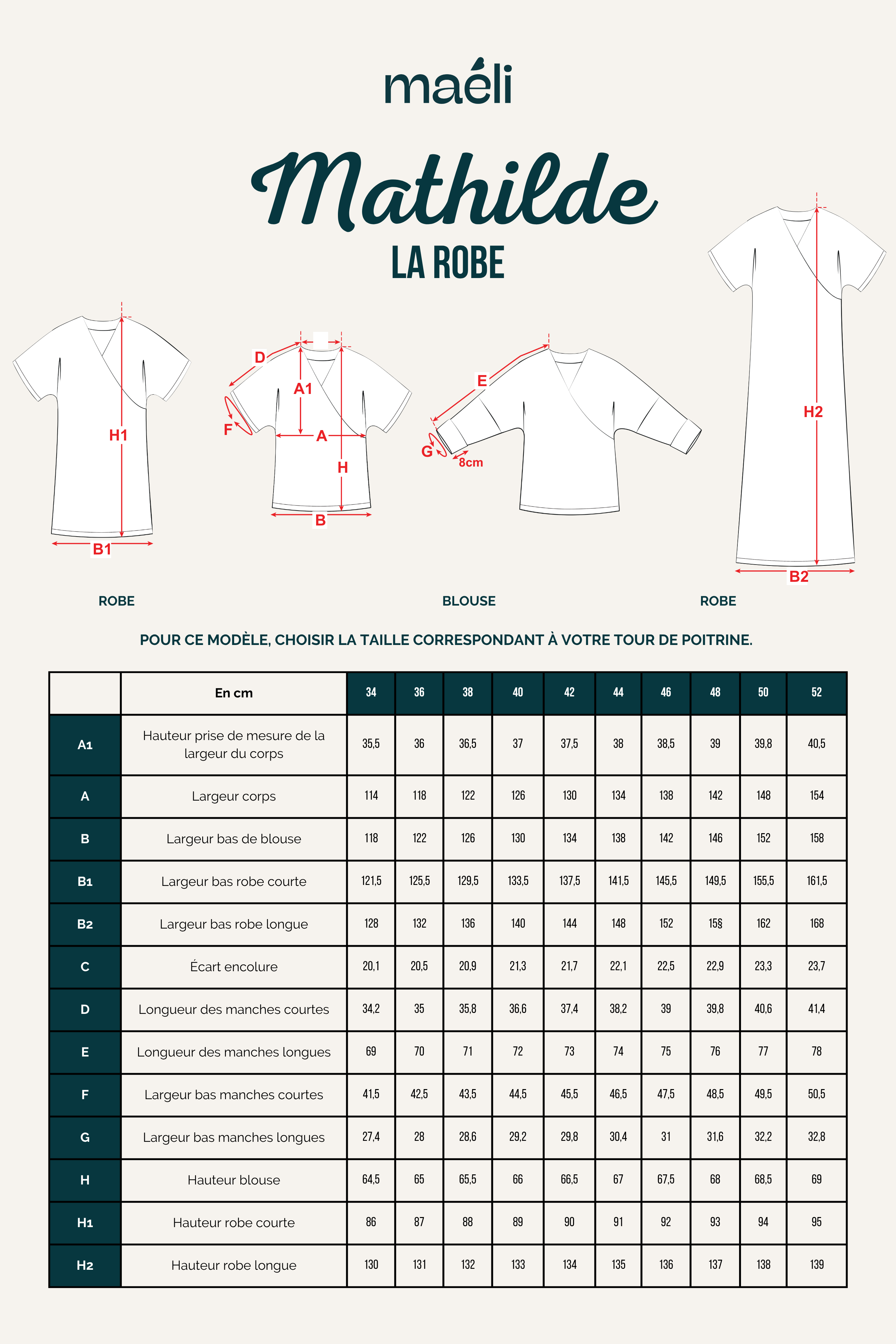 guide tailles patron mathilde robe et kimono schema technique mesures couture femme